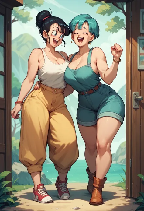 milf, woman, hot, two women in the picture, on the right is bulma, and on the left is chichi dragon ball, they are looking at each other, they are laughing and screaming, full body view