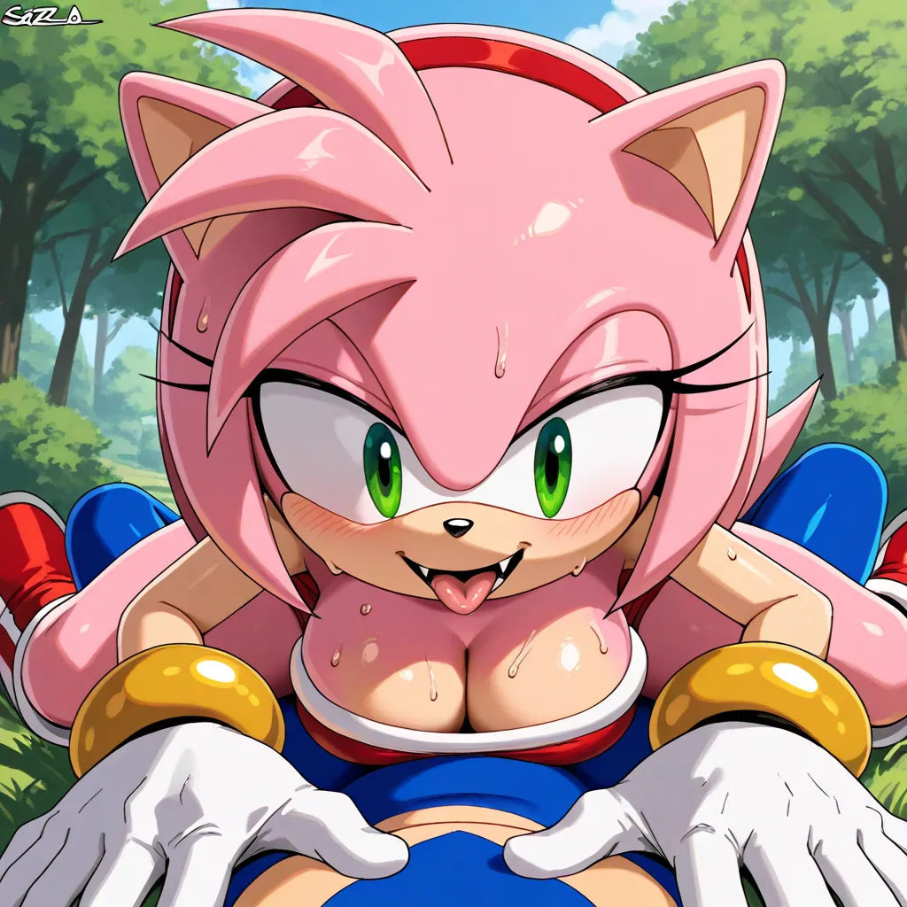 sonic and tails in a cartoon setting with tails on top and sonic hugging her, red hairband, breasts, furry female, furry, green eyes, animal nose, cleavage, animal ears, blush, sweat, gloves, hairband, open mouth, furry with furry, smile, tongue, furry mal...