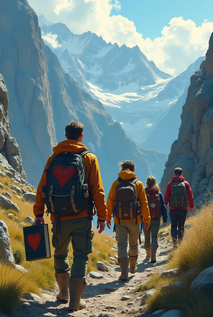 Two adventurous men and women walking into the mountains with a book with a heart on the cover 