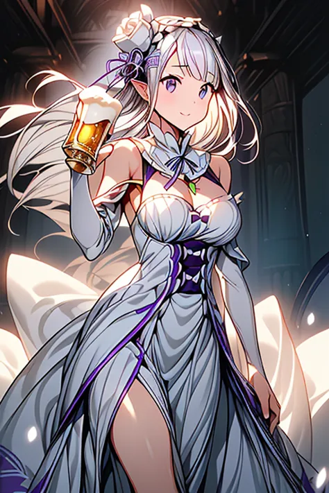 (masterpiece:1.2), (best quality:1.2), newest, intricate details, perfect anatomy, 1girl:1.2, (emilia (re:zero):1.2), ((plain white wedding dress:1.1, long dress:1.2, off-shoulder dress:1.5, sleeveless:1.3, front slit:1.3, torn dress skirt:1.4, white elbow...