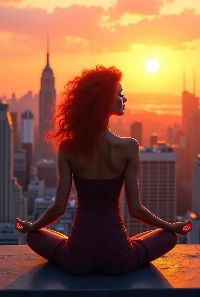 A beautiful curly-haired redhead girl on the roof meditates with a beautiful view of the city