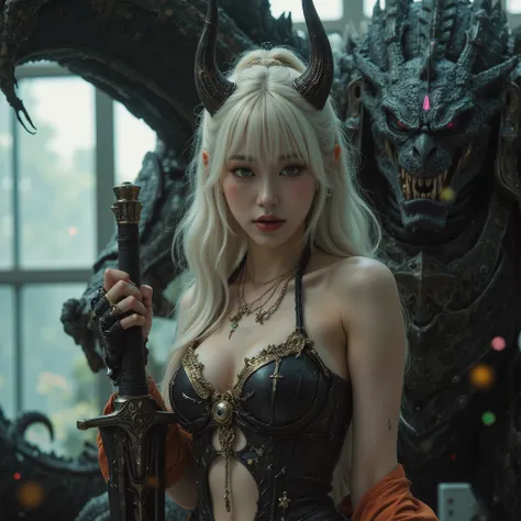 ((((looking at camera)))),(photorealistic, large-breast ),((white dragon:2.0)),a beautiful girl, ,she wearing side-tie_bikini, (large cleavage,Big tits), A fashion runway for alien technology ,Reveal full breasts,Big breasts, Cyberpunk fashion photography ...