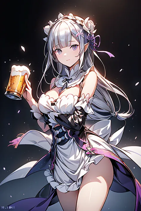 (masterpiece:1.2), (best quality:1.2), newest, intricate details, perfect anatomy, 1girl:1.2, (emilia (re:zero):1.2), ((plain white wedding dress:1.1, long dress:1.2, off-shoulder dress:1.5, sleeveless:1.3, front slit:1.3, torn dress skirt:1.4, white elbow...