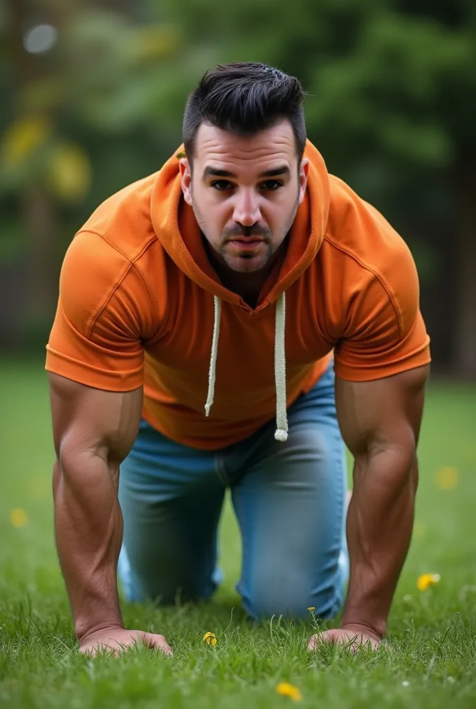 realistic photograph, 35-year-old muscular (((athletic man))) , crawl position, very defined face similar to the character reference, view From below, nalgon in profile, orange hoodie and tight light blue levis jeans, in profile, Big butt, viendo a cámara,...