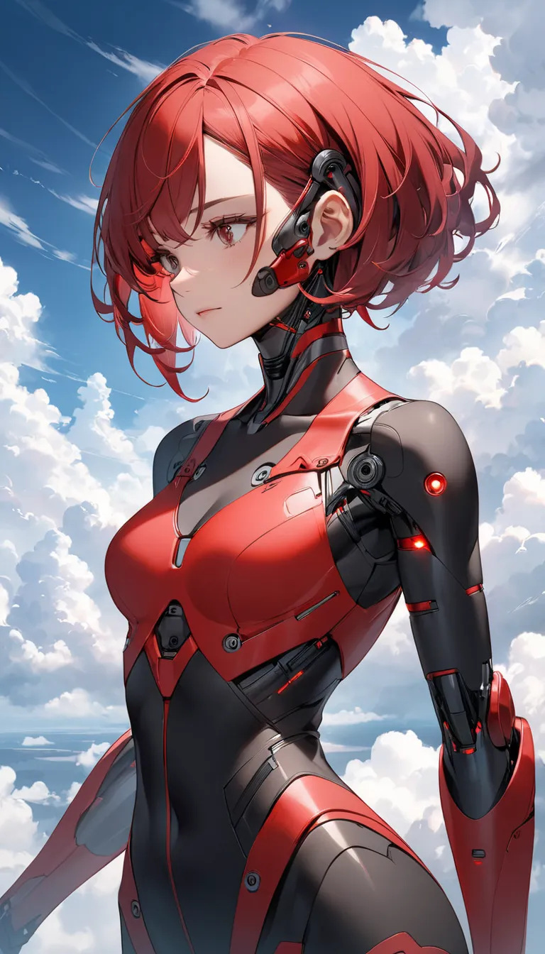 A red and black cyborg woman connects to the cloud.