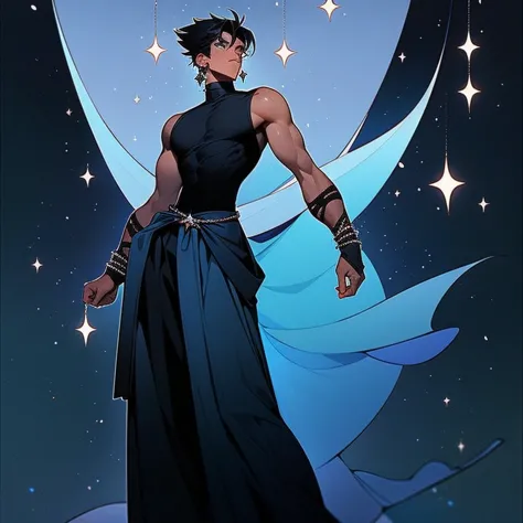 Black-skinned man up close (( athletic and muscular ))  short black hair spiked , dark blue eyes, silver rectangular earrings, Sleeveless black turtleneck blouse, Dark blue corset around the waist, Hakama com Nikkapokka preta, Japanese silver obi with star...