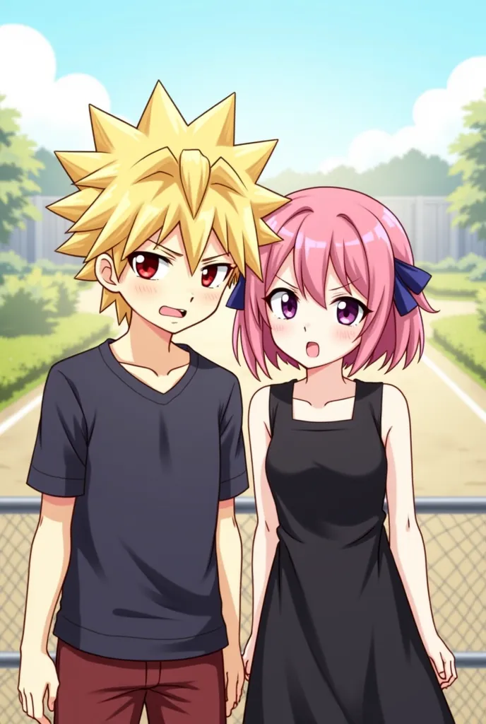 ((bakugo katsuki,red eyes, blonde hair, short hair,1boy, spiked hair, collarbone, , outdoors, angry, school uniform,)), arms at sides next to, ((anya_forger_spyxfamily:0.90, 1girl, female_, black_dress, hairpods, smile, looking_at_viewer, pink hair,))
