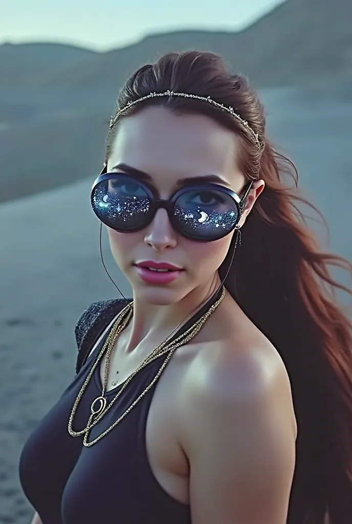 The model is wearing glass sunglasses with stars and the moon on the glass