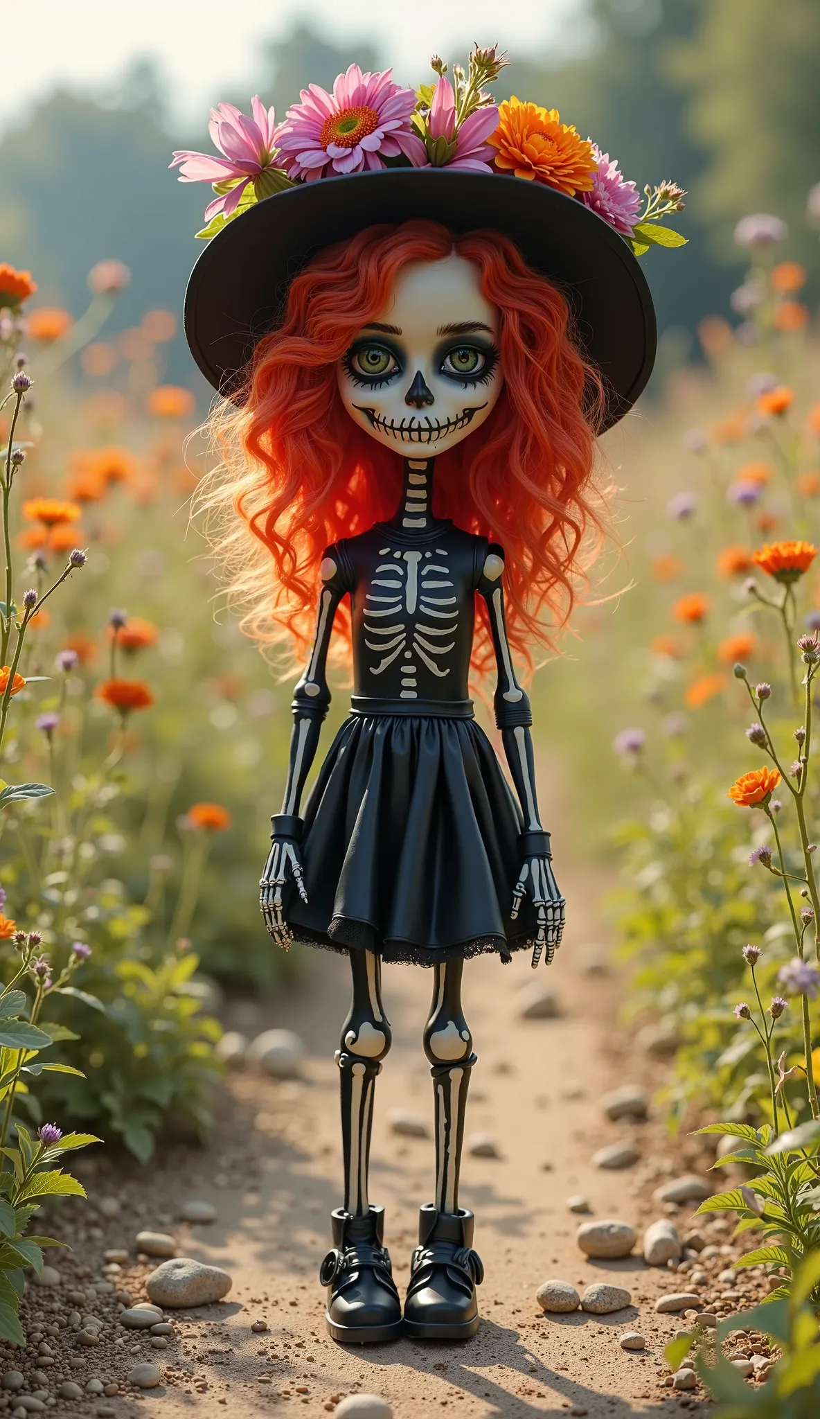 Artistic photograph, stylized doll-like skeleton girl with vibrant red curly hair, wearing a black leather dress, black tights with painted bone details, a black wide-brimmed hat adorned with colorful pink, orange, and purple flowers, standing in a field o...