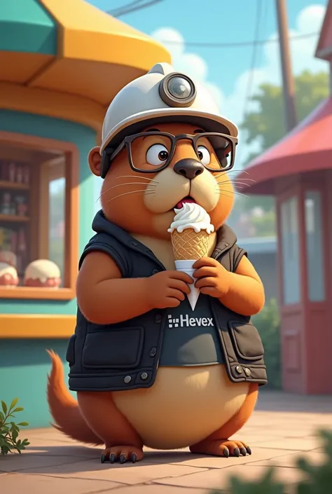 A chubby capybara with an engineer's helmet, Reading glasses,  black vest with the HELVEX , And that he is at an ice cream kiosk in animation 
