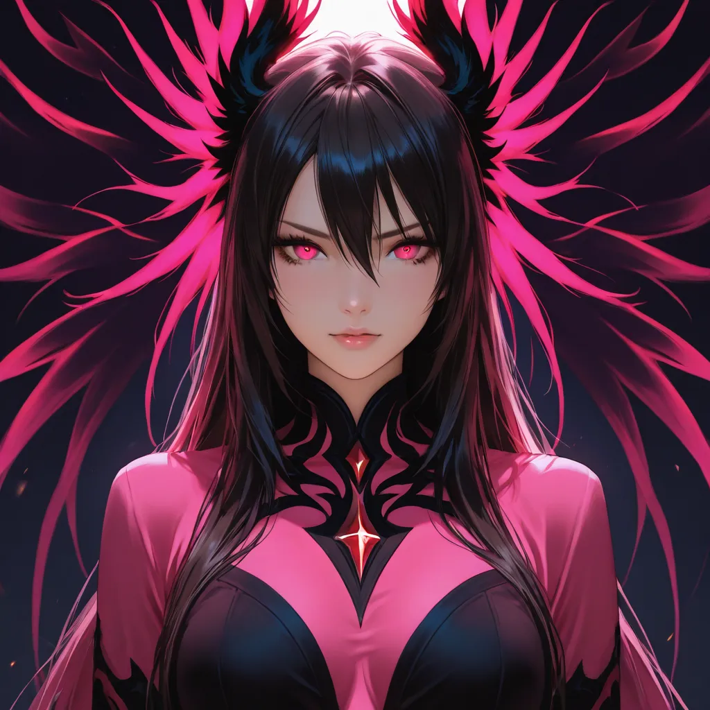 create a majestic dark phoenix female with long hair in pink and black colours and the words DARK PHOENIX