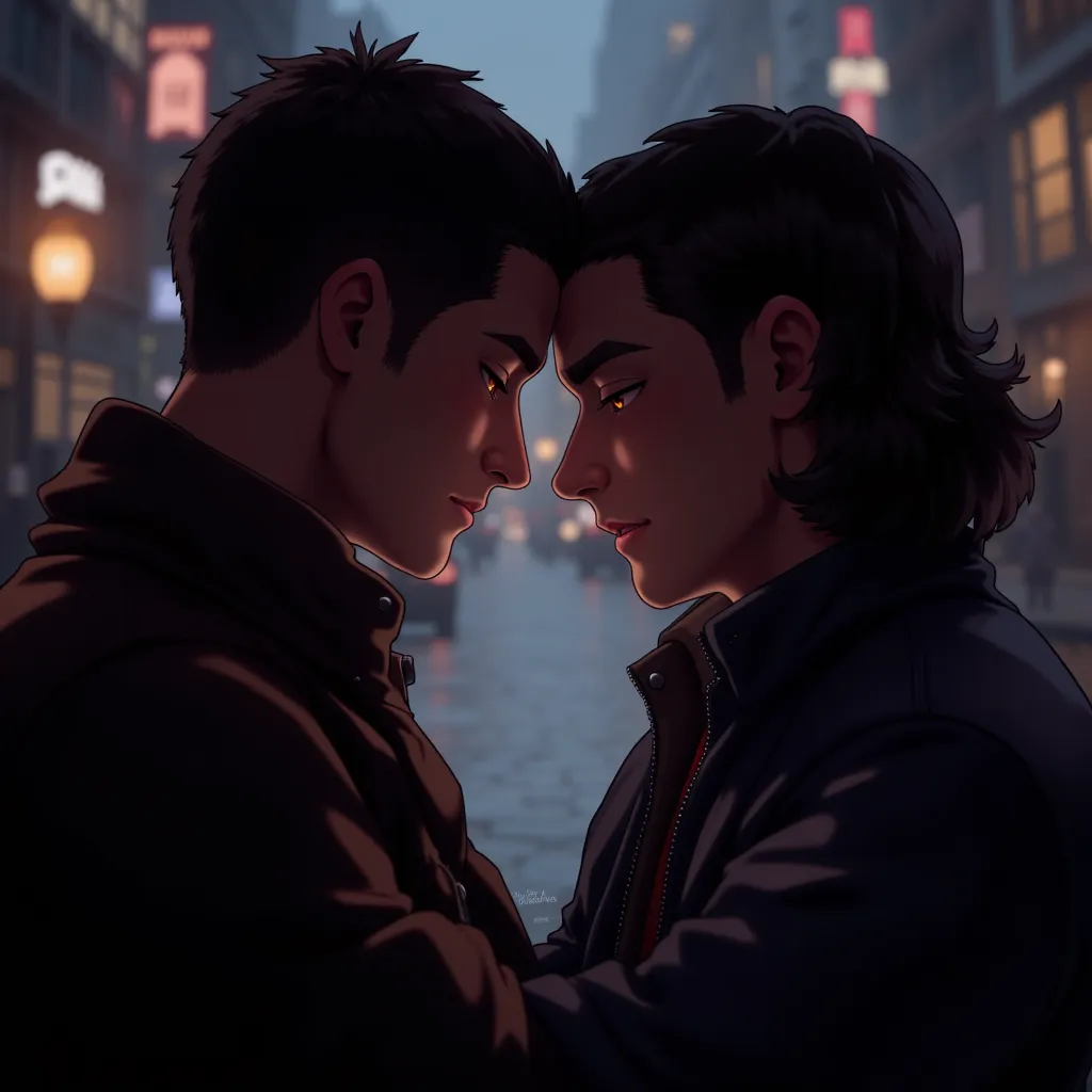 two guys touch their foreheads. man on the left is tall, age over thirty, brutal and strong. The man on the right is half a head lower, age around 25,  elegant facial features .  eyes closed, romance, close-up on faces, long hair, city lights at night in t...