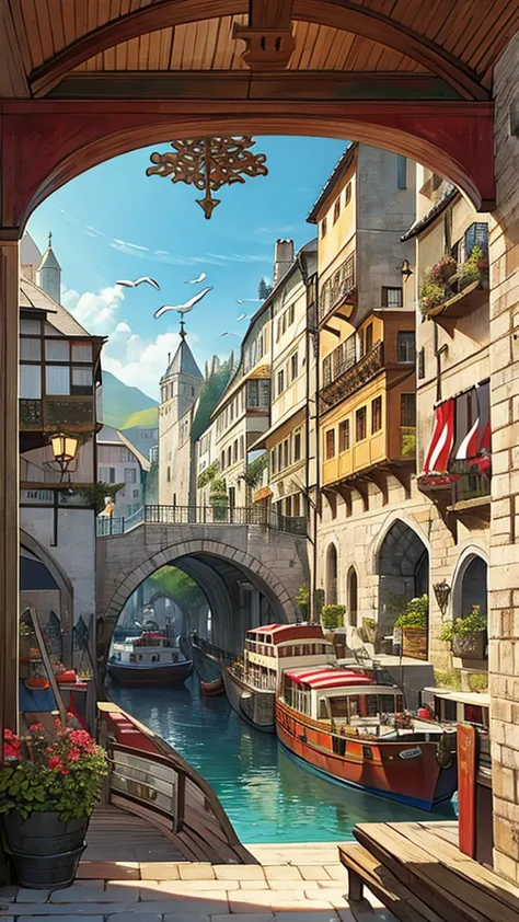  detailed illustrations depicting a bustling medieval port town 、 with many ships anchored ,  inspired by Renaissance maritime paintings,  featuring intricate architectural details ,  Vibrant Market Stalls , Seagulls dancing overhead , daylight