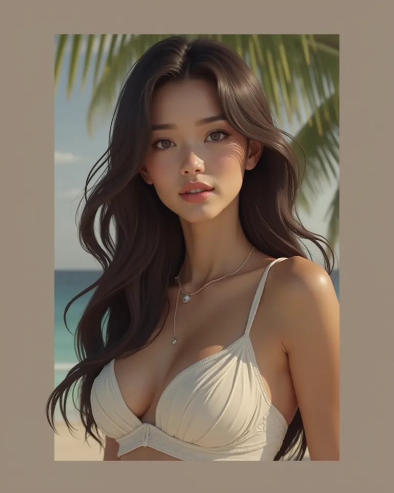 Make a pretty young lady, Wearing a red bikini on the beach, Do it with straight hair and brown skin without any Asian features 