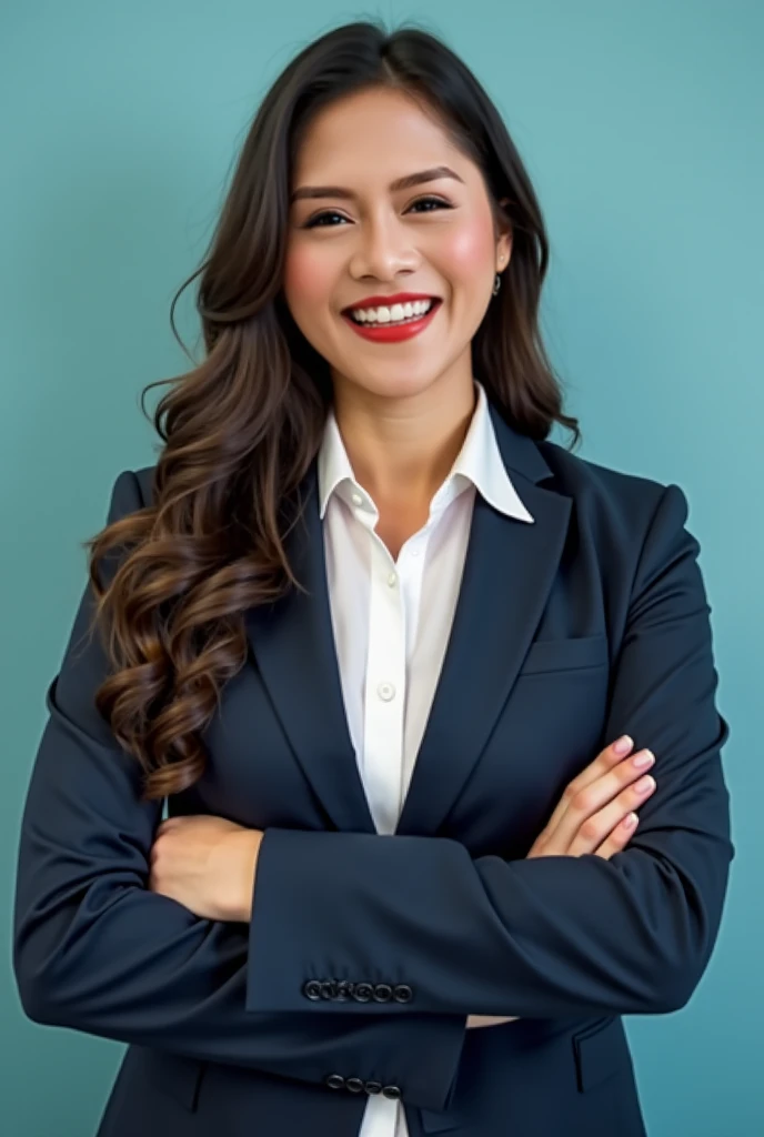 Change the image to a half-body portrait weighing 50 kilos, do not show her teeth and she is dressed professionally in #E9F3F5 and #304251 color schemes. The background is #F7F5EF, and there are office supplies behind her.