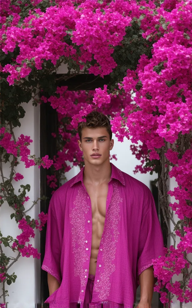 (masterpiece, best quality, realistic, ultra high detailed, UHD, view from a distance, facing the camera), Amongst vibrant bougainvillea vines: A tall, lean, and muscular young man stands beneath an archway covered in cascading bougainvillea vines, their b...