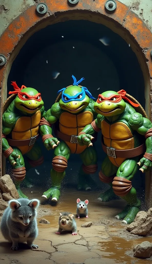 "Three angry turtles invade the underground sewer, breaking through a metal door rusted with force. The pieces of They fly sideways while the turtles move forward with angry expressions, door its sharp claws and sturdy hooves reflecting the low light of th...