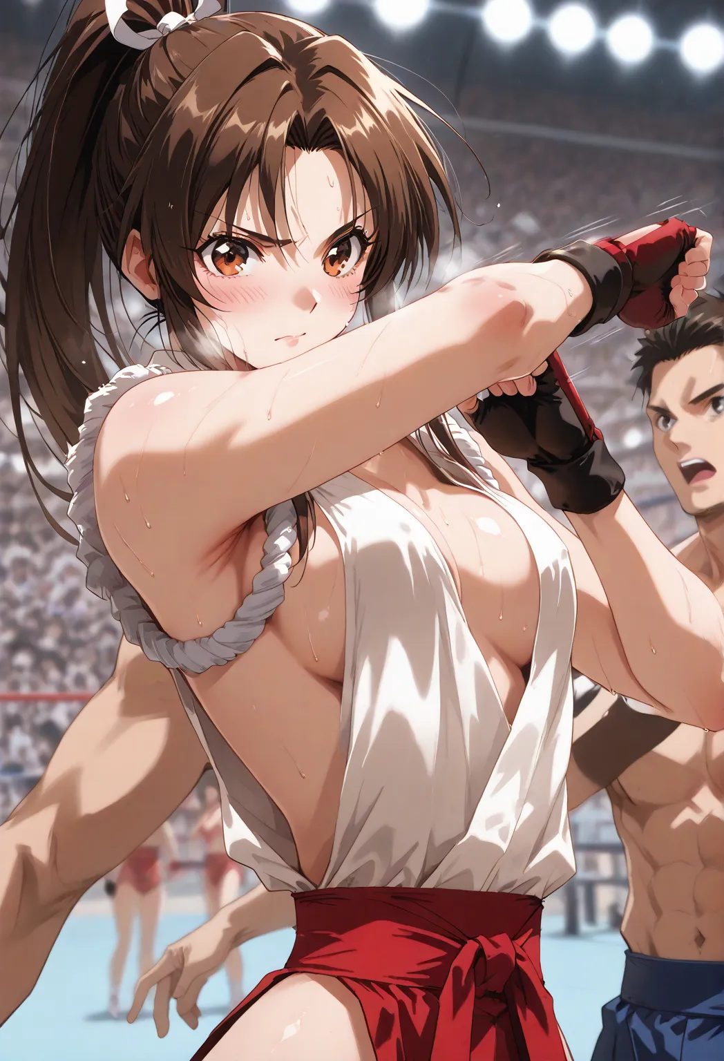 、Lots of men and women、medium chest、Get punched by lots of guys、、masterpiece, (Shiranuhi Mai costume)、Martial Arts Ring、Stadium、 Big crowd、best quality, ,Arm Lock、 Women punch, perfect body, ,   Fingerless Gloves  ,    ,   Shiny Skin, Steamy sweat,  depth ...