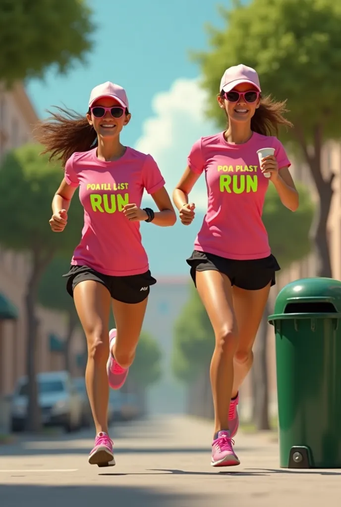 (((DISNEY PIXAR STYLE))) Street running clothes. Full-length shot of two women, one of them in mid-stride, actively running, the other woman is putting a plastic cup in the trash can. They are wearing a ((((fluorescent green sports T-shirt)))) with "POA PL...