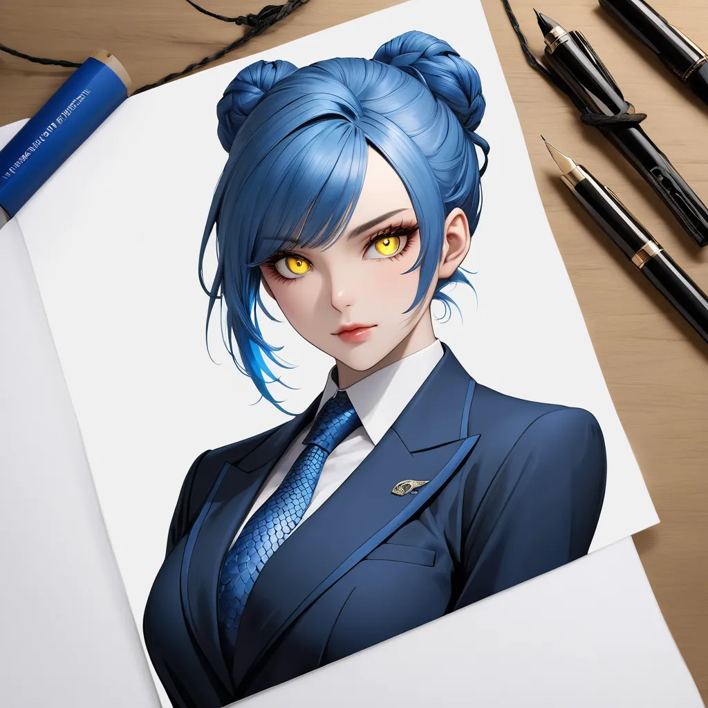 Creates a woman with ultra realistic. Who has strong blue hair, with her hair tied in a bun, who has completely yellow eyes and with sharp pupils. Who wears an elegant suit with a tie, and who has blue scales on her cheeks.