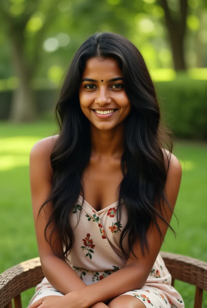 30 year old kerala woman medium size, hour glass body long hair, wearing  short frock , realistic, detailed, sitting in a park, ultra HD, realistic, smiling face.