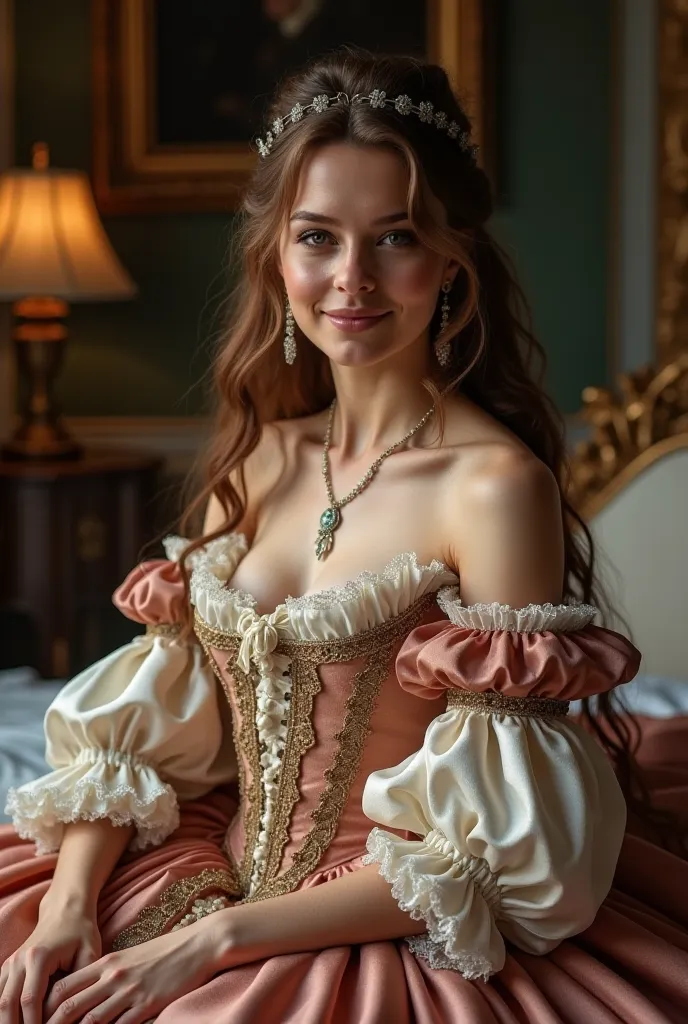 Medieval European royalty and aristocracy, fashion trend for women, 18 years, with medium necklines, lavishly decorated with lace and ribbons, Rococo dress. Bedium breast. She is in a bedroom,laying on the bed. Half-length portrait of a beautiful smiling a...