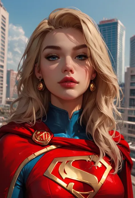 score_9, score_8_up, score_7_up, Western Comics, Portrait, Supergirl, cute, seductive, innocent, light smile:0.3, plump lips, slender body, blonde long hair, in high detailed Supergirl suit, red cape, gold ornate, gold embedded, floating above the skyscrap...