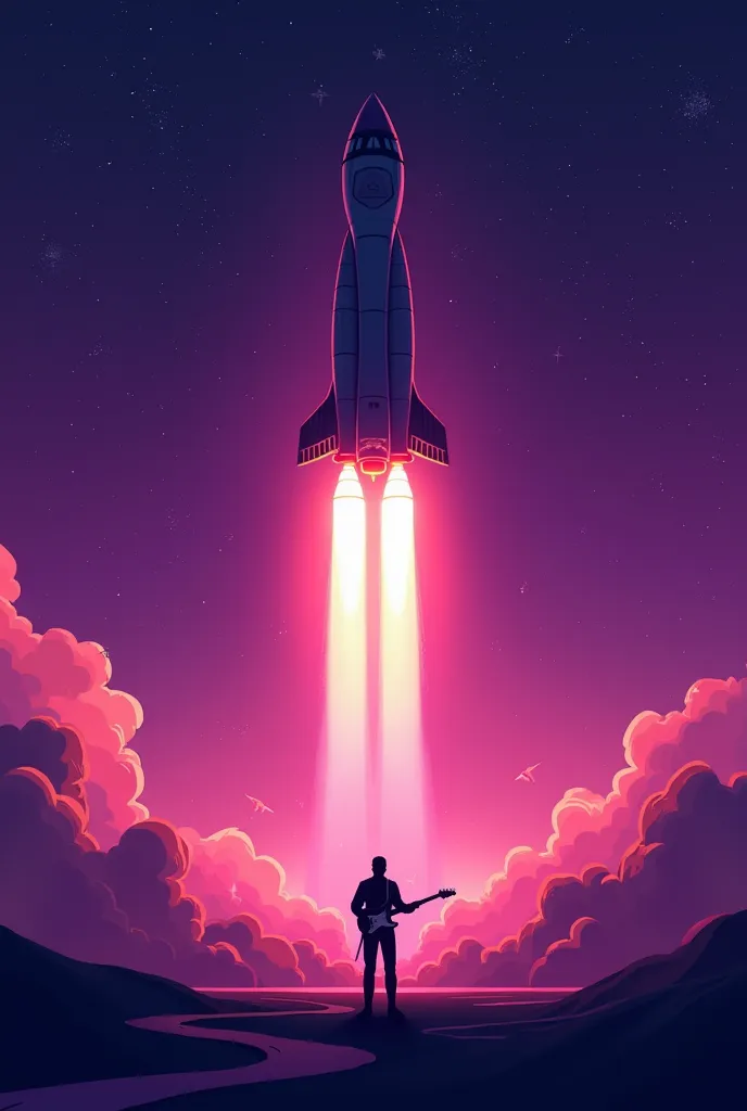 A space rocket appears clearing into space with a purple sky and the shadow of a person with a guitar in his hands appears 