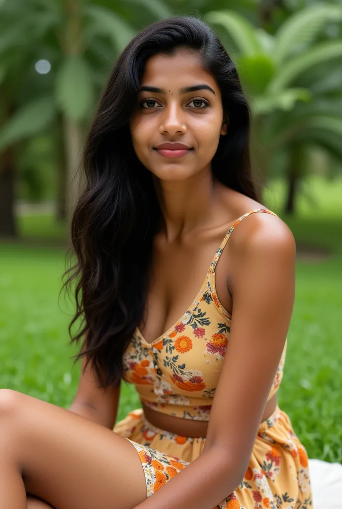 30 year old kerala woman medium size, hour glass body long hair, wearing  short frock , realistic, detailed, sitting in a park, ultra HD, realistic, smiling face.