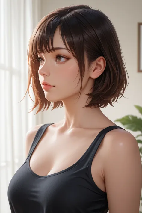  in short clothes seen from a profile angle, HD, Realistic.