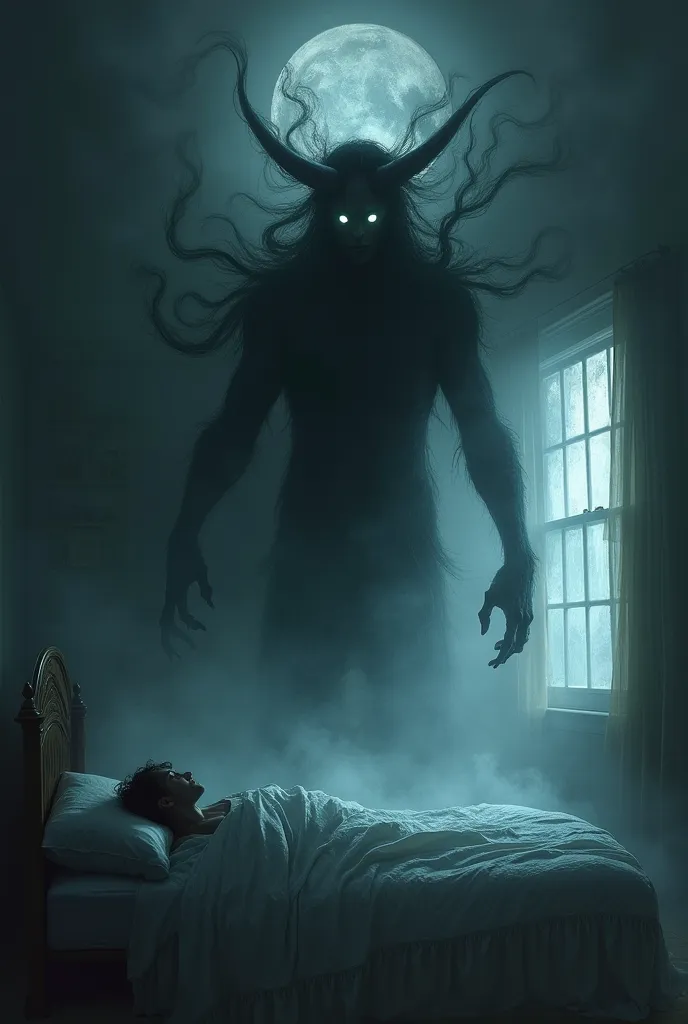 Mara, the demon of nightmares
Prompt:
"A dark, ethereal figure, with no defined face, floating above a bed where a person is sleeping. The creature is made of shadows and smoke, with glowing white eyes. The room is dark, with only moonlight coming through ...