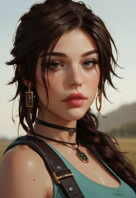 score_9, score_8_up, score_7_up, Western Comics, Portrait, Lara Croft, adventurer, cute, seductive, innocent, light smile:0.3, plump lips, slender body, her hair billowing in the wind, enjoying the stunning view, depth of field, dynamic angle, fashion phot...