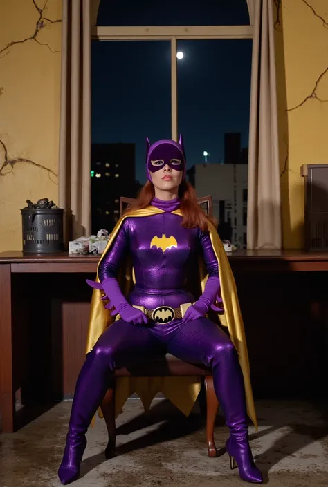 Masterpiece, Award Winning, High Quality, artgerm, solo, wearing retro Batgirl purple costume, big breast, retro red hair, looking at viewer, makeup, yellow Batgirl cape, b4tg1rl woman, posing sexy, Yvonne Craig, sexy hungarian model, purple ankle boots, s...