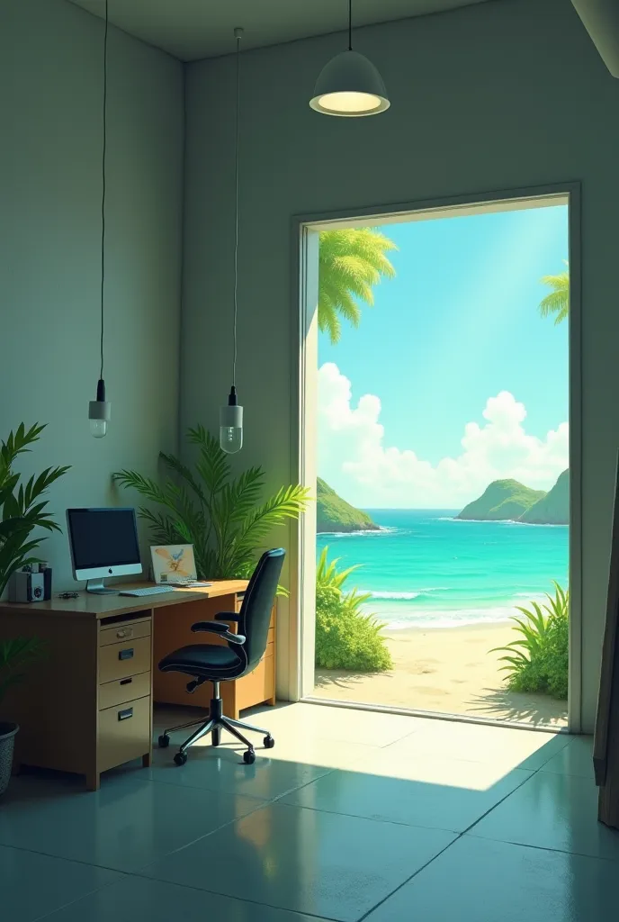 Hi, generate an image 16:9: around a gray office atmosphere with a greenish tint and on the right there is a door behind a warm daytime beach and sea