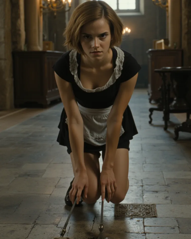 Head to toe picture of hermion granger.short hair.wearing short maid costume.high heels.on all fours cleaning hagwarts floor.looking to the camera.