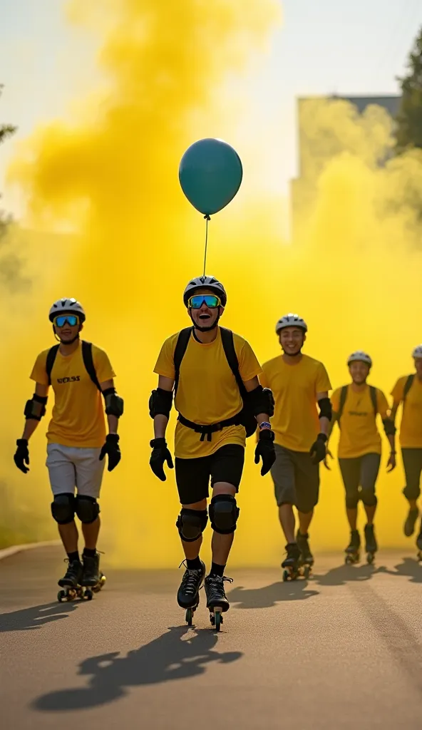 Grupo Mujeres y Hombres Massive 22 years old, on inline skates, wearing yellow t-shirts,  short black, hull, knee pads, Gloves, helium balloon in the hand, moving around the city in the afternoon, yellow smoke flare, yellow wheels