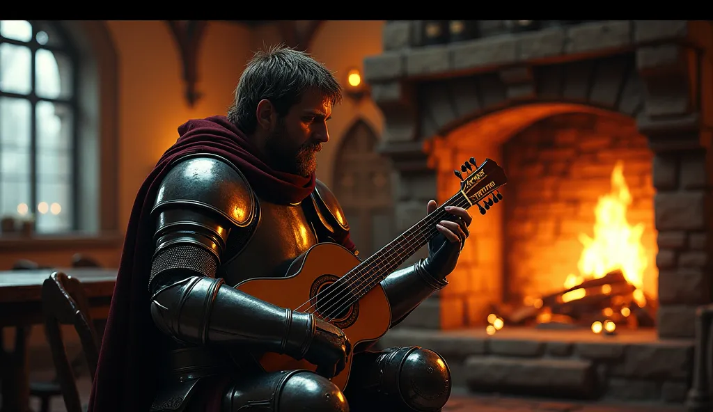 dark fantasy medieval, an armored knight plays the lute by the fireplace in a tavern Drawing Painting Aerial Cinematic Dramatic lighting Warm tones Hyper-detailed Hyper-realistic Intricate
