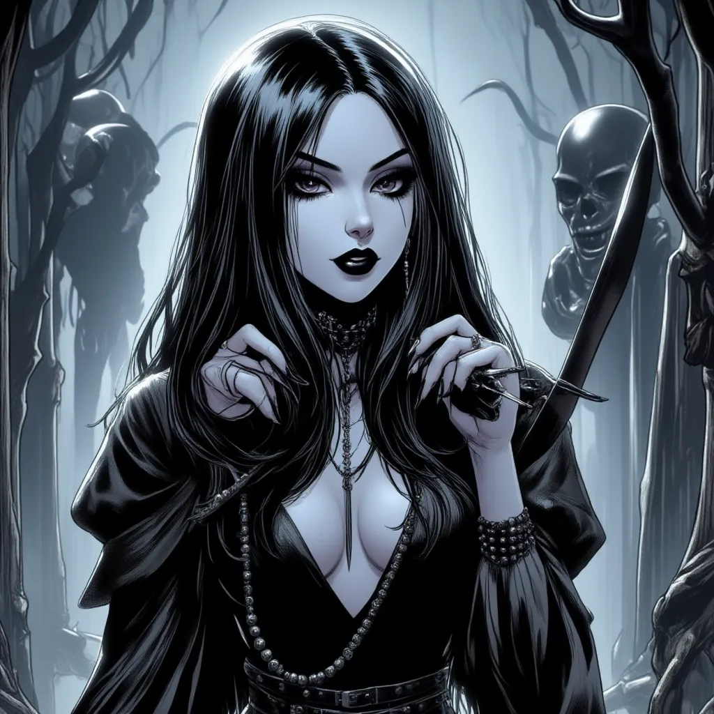 Necromancer girl.  very white skin , long black hair to the tent. the entire sclera of the eye is completely black,  without an iris, eyes are like holes in an abyss.  veins are grey, like her blood is black.  mocking facial expression , black lips, No mak...