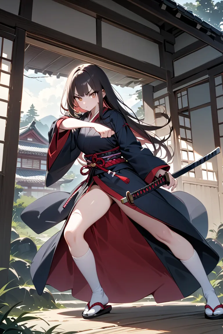 A beautiful samurai girl, long hair, pale skin,  brown eyes, traditional samurai costume, katana sword, fighting pose,  face would be,  angry look,  average height,  Well defined body , well-defined hands, with flip flops and white socks, old Japanese hous...