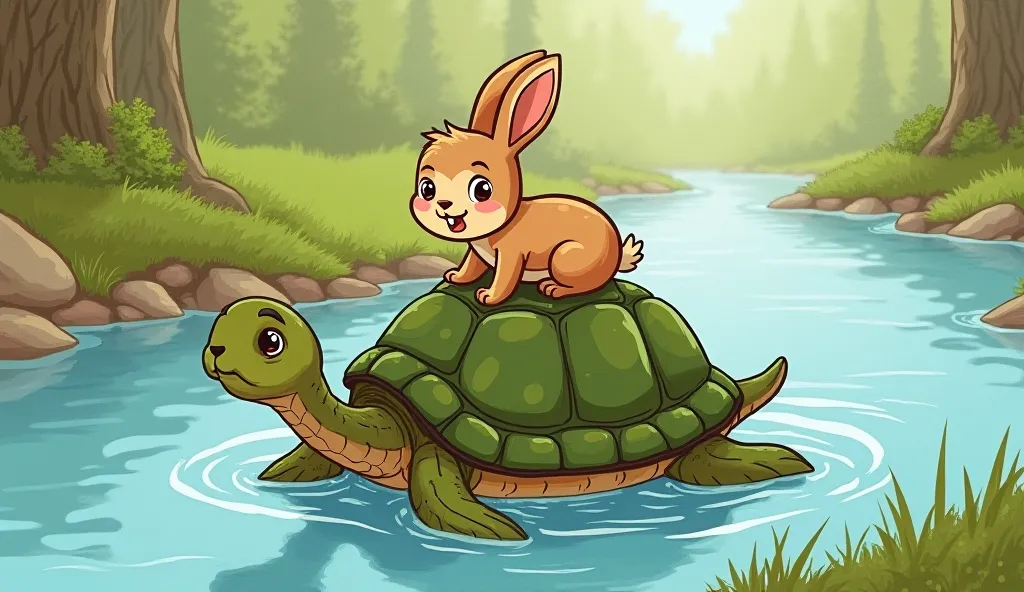 A young rabbit with a surprised expression is riding on the back of a large turtle as they cross a gently flowing river. The turtle looks wise and calm, confidently swimming forward. The background features a peaceful natural setting with trees and rocks a...