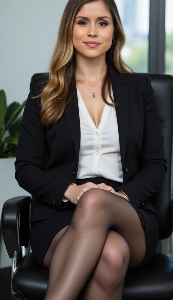 Close up portrait image of a woman in a office suit wearing stockings. Sitting on a chair straight from the camera. Legs folded. Background blurred. 