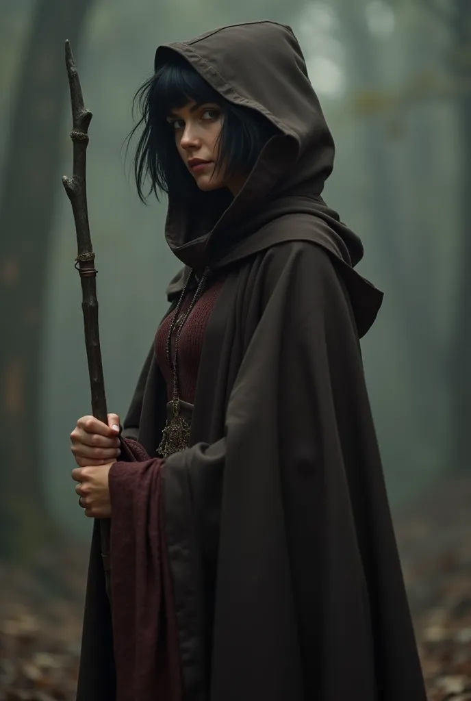 A woman with short disheveled black hair, She wears a dark brown fantasy magician's cape that is very large, the hood covers her face giving her a mysterious touch and in her hand she carries a simple rod very large of magic. You can see her full body and ...