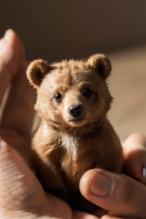 Capture a close-up shot with a shallow depth of field, showcasing a tiny, finger-sized Bear resting gently on human fingers. Emphasize fine textures, with soft shadows enhancing the miniature creature's details. Background blur adds depth, drawing attentio...