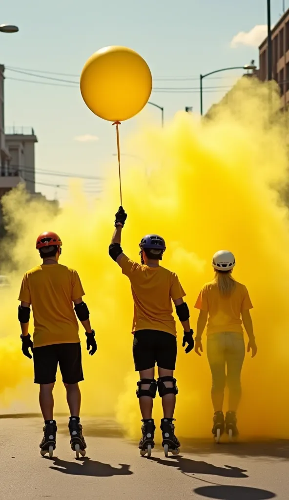 Grupo Mujeres y Hombres Massive 22 years old, on inline skates, wearing yellow t-shirts,  short black, hull, knee pads, Gloves, helium balloon in the hand, moving around the city in the afternoon, yellow smoke flare, yellow wheels