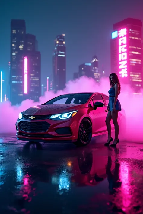 "stands out with powerful and elegant lines,  Light shaking in the night atmosphere , modern cityscape taken from a dynamic angle in the background, vibrant pink, illuminated with blue and purple neon colors, detailed and realistically rendered 2017 Chevro...