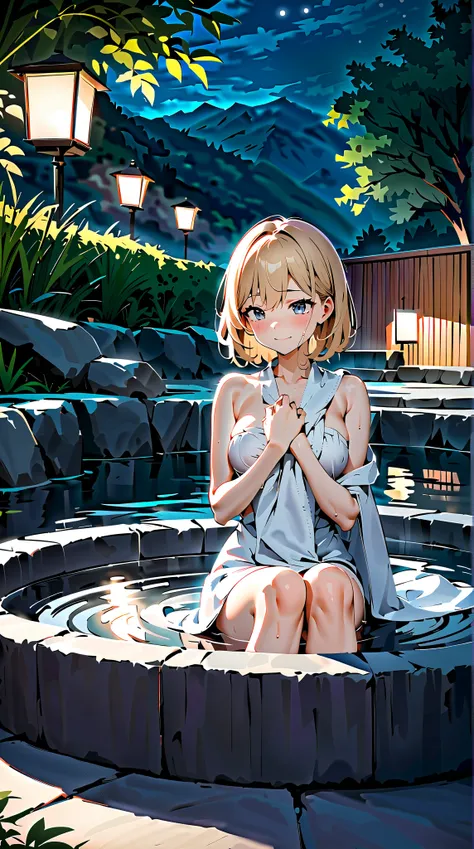 ((masterpiece, top quality, High Resolution)), ((Highly Detailed CG Unified 8K Wallpaper)), Relax in the hot springs, (((((Wrap a bath towel around your body and soak in hot water:1.3))))),outdoor bath,night