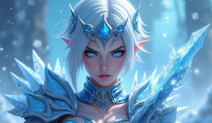 Here is a detailed point-wise description of the thumbnail:

1. Main Character:

A fierce-looking female warrior dressed in an ice-themed outfit.

She has short, silver-white hair with an icy tiara-like accessory.

Her expression is intense and determined,...