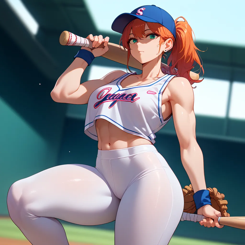 Girl with big boobs partially covered with a tank top, baseball player style,   in white leggings 
