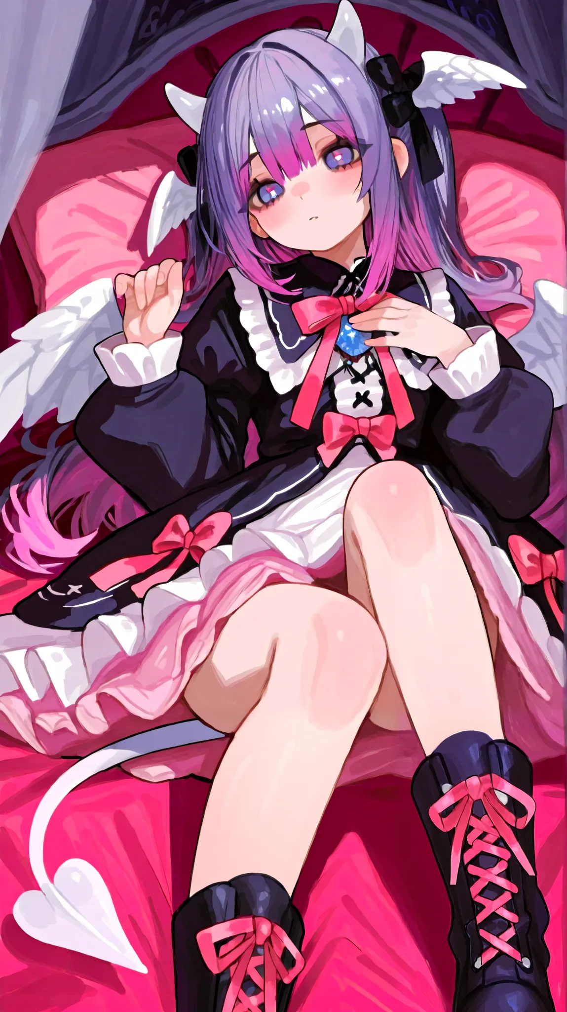 The girl is a devil/ pastel goth. She has long, loose, wavy puffy purple hair with pink highlights. She has indigo blue eyes with cat-like pupils. she has head wings.  She has long white horns with pink ribbons. white webbed wings on the back and a white d...