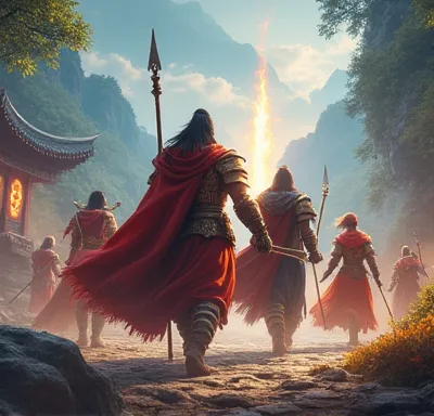 "Create a stunning and immersive image that represents the universe of MIR4. The scene should portray a group of diverse characters, each representing a class from the game (warrior, mago, Taoist or Archer), equipped with iconic armor and weapons from the ...